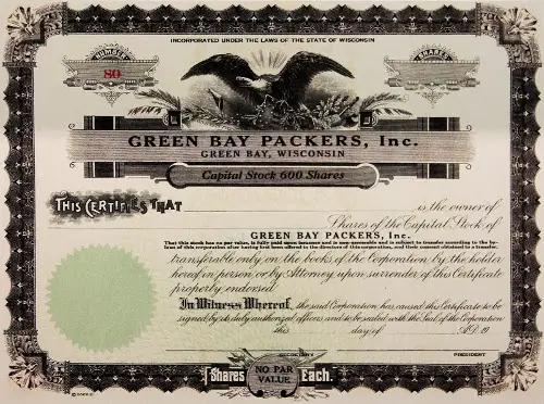 Stock Certificate Green Bay Packers